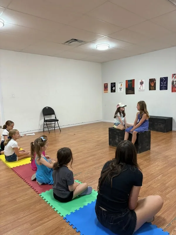 Young kids sitting in a circle on colourful mats in the studio