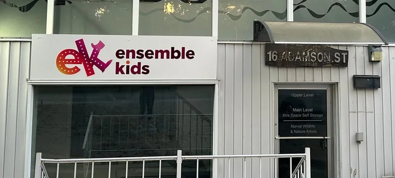 The Ensemble Kids sign above the studio door at 16 Adamson St